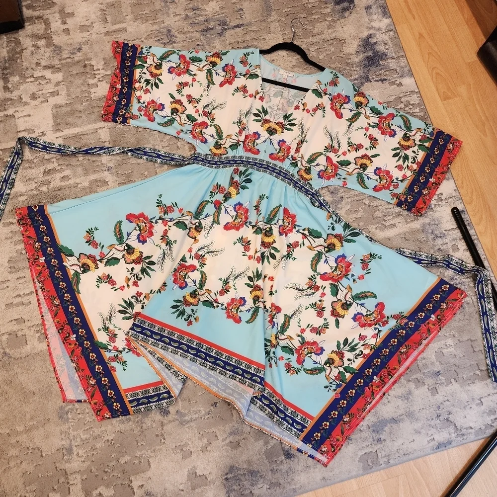 Umgee Kimono Sleeve Hankerchief Hem Blue Printed Boho Dress Stretch Waist Medium - Picture 6 of 13